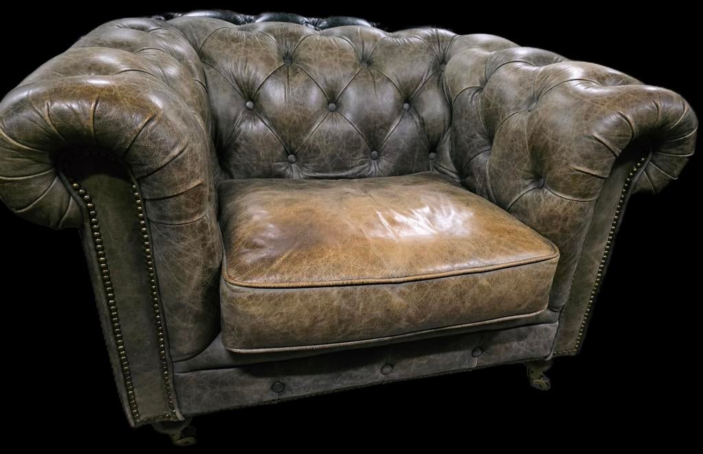 Vintage Chesterfield Club Fauteuil - Grijs Leer + BEZORGING