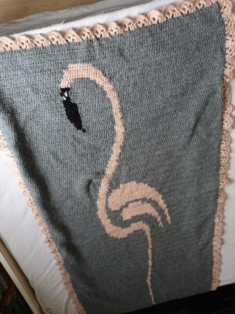 Gehaakte wollen deken wieg ledikant flamingo 165-83cm vogel, Ophalen of Verzenden, Zo goed als nieuw, 100 cm of meer, Deken