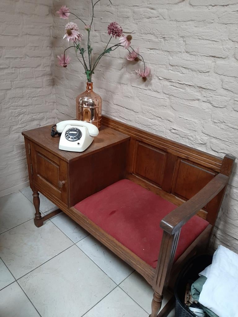 Vintage Telefoonbankje met Opbergruimte - Hout & Rood, Ophalen