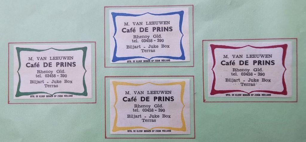 Café Biljart Terras De Prins M. van Leeuwen te Rhenoy Gld., Ophalen of Verzenden, Zo goed als nieuw, Luciferdoosjes of -merken