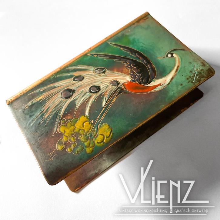 Vintage, brocante koperen luciferdoosjes houder emaille pauw, Antiek en Kunst, Curiosa en Brocante, Ophalen of Verzenden