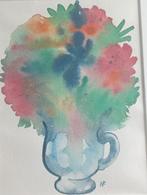 Aquarel Stilleven vaas met bloemen monogram HF, Verzenden