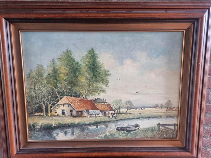 Schilderij: Landschap met boerderij, Antiek en Kunst, Kunst | Schilderijen | Klassiek, Ophalen of Verzenden