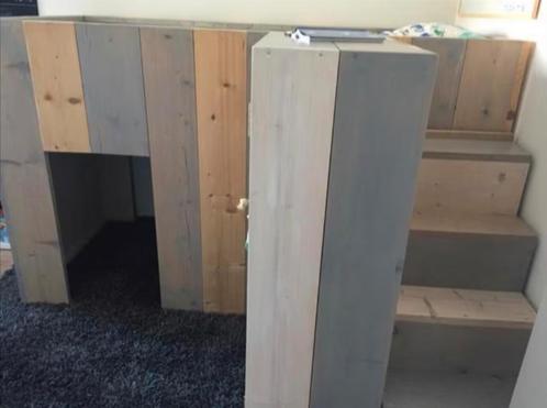 Stevige steigerhouten hoogslaper met speelruimte, kast, trap, Kinderen en Baby's, Kinderkamer | Bedden, Gebruikt, 180 cm of meer