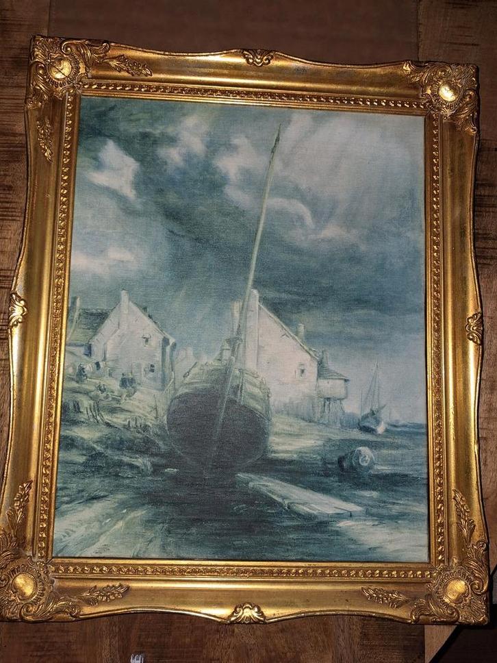 Schilderij met gouden lijst - Boot op het strand, Antiek en Kunst, Kunst | Schilderijen | Klassiek, Ophalen of Verzenden