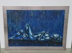 schilderij vrouwelijke naakt blauw gesigneerd lijst 70x100cm, Antiek en Kunst, Ophalen