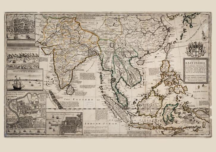 Grote landkaart van Nederlandsch Indië door Moll, ~1720, Boeken, Atlassen en Landkaarten, Zo goed als nieuw, Landkaart, Wereld