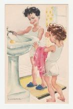 Kinderen bij wasbak.  A. Kermer.  Ned. Illustratoren., Verzamelen, Ansichtkaarten | Themakaarten, 1940 tot 1960, Ongelopen, Kinderen