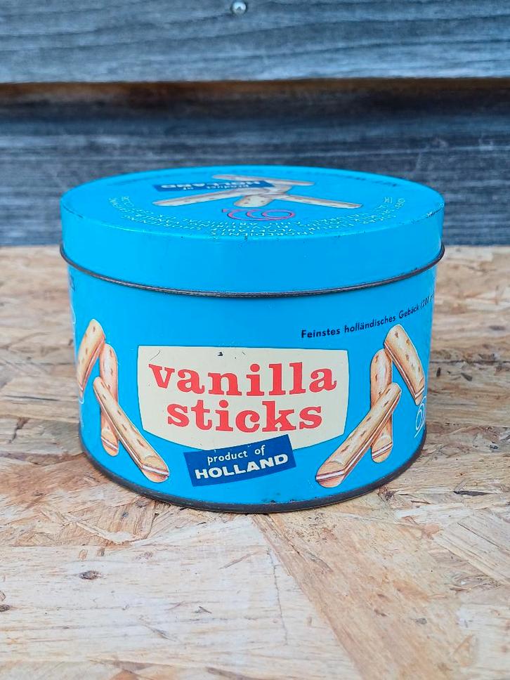 Vintage blik vanilla sticks, Verzamelen, Blikken, Gebruikt, Koek(jes), Overige merken, Ophalen of Verzenden