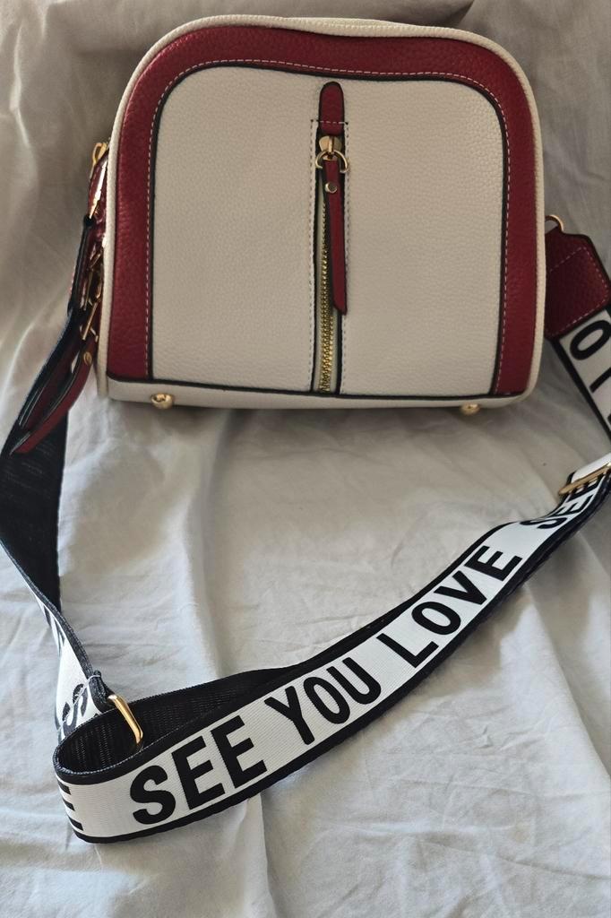 Trendy Schoudertas Wit/Rood 'SEE YOU LOVE' Band, Sieraden, Tassen en Uiterlijk, Tassen | Damestassen, Nieuw, Schoudertasje, Wit
