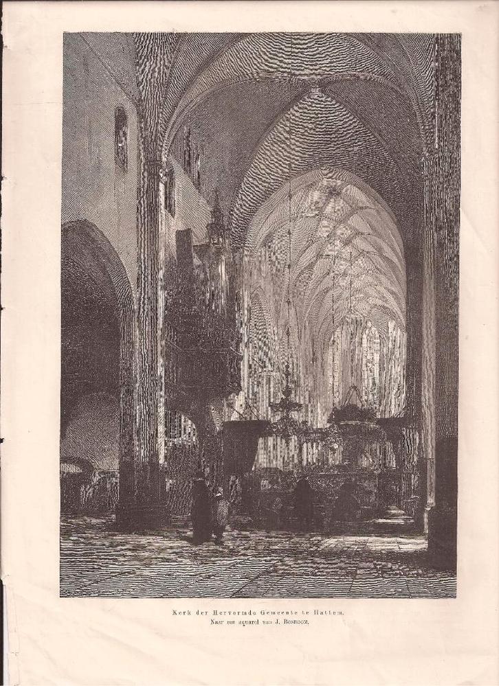 Hattem. Kerk der Hervormde Gemeente. Bosboom ca. 1885, Antiek en Kunst, Kunst | Etsen en Gravures, Ophalen of Verzenden