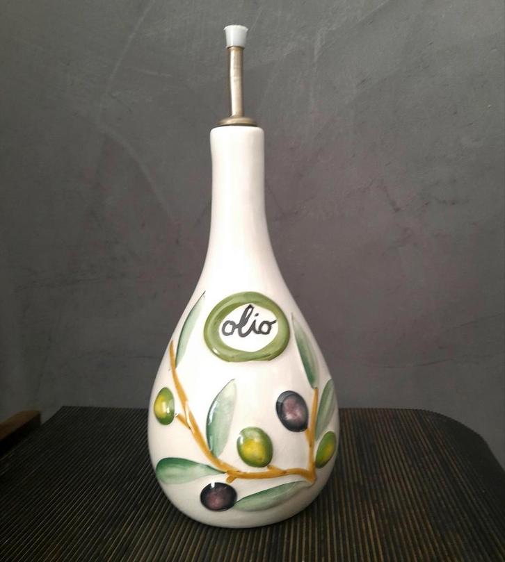 Retro handgemaakte Italiaanse oliekan barbotine olijftakken, Antiek en Kunst, Curiosa en Brocante, Ophalen of Verzenden