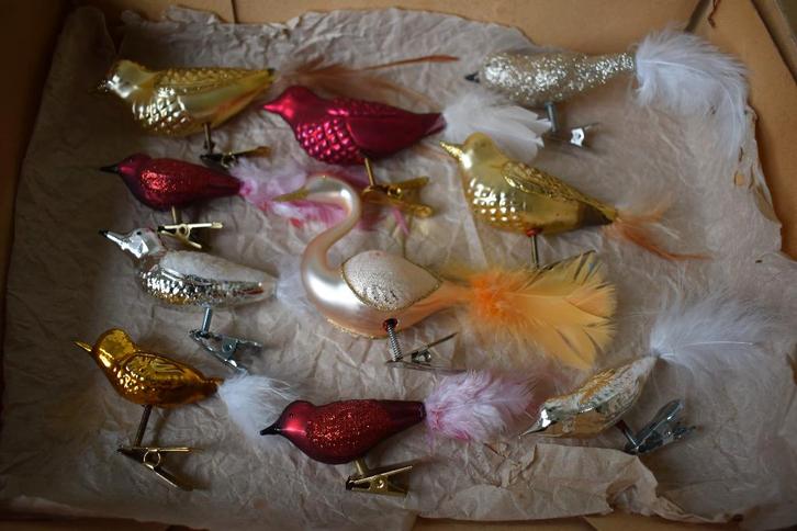 10 kerstboom vogeltjes van glas op knijper kerstballen, Diversen, Kerst, Gebruikt, Ophalen of Verzenden