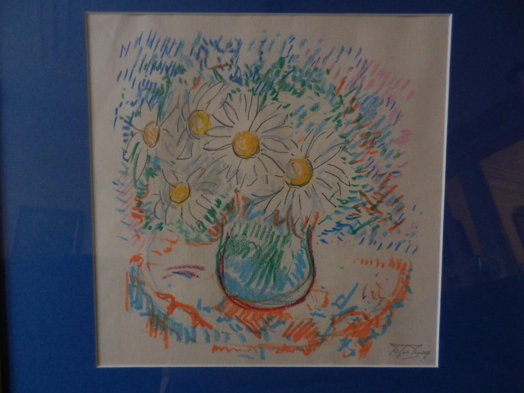 Gekleurd krijt tekening Bloemen in vaas Douwe van der Zweep, Antiek en Kunst, Ophalen of Verzenden