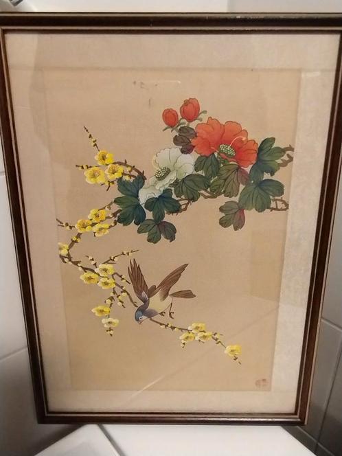 Vintage jaren vijftig Japanse schilderij verf op zijde, Antiek en Kunst, Kunst | Niet-Westerse kunst, Ophalen of Verzenden
