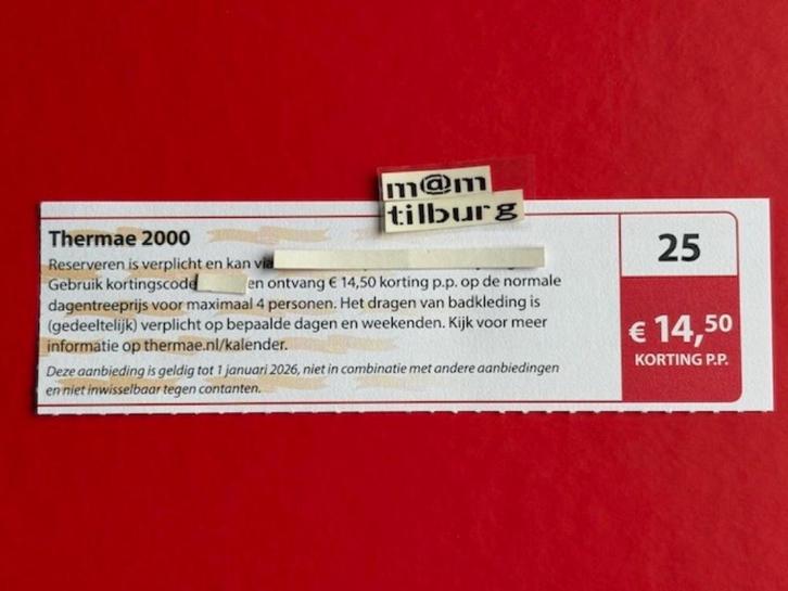 Bon 25 Thermae 2000 €14,50 korting p.p., Tickets en Kaartjes, Kortingen en Cadeaubonnen, Drie personen of meer, Spa of Sauna, Kortingsbon