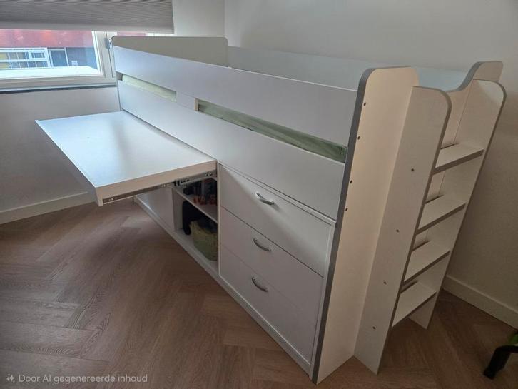 Middenhoogslaper met bureau en opbergruimte - 200x90, Kinderen en Baby's, Kinderkamer | Stapelbedden en Hoogslapers, Zo goed als nieuw