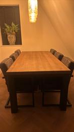 Eiken eettafel 220x100 -Industrieeldesign 3x keer aangezeten, Huis en Inrichting, Tafels | Eettafels, Ophalen, Eikenhout, 200 cm of meer