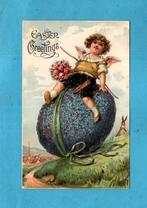 Pracht oude paaskaart/relié M632 - Engeltje/reuzen paasei, Ophalen of Verzenden, Voor 1920, Gelopen
