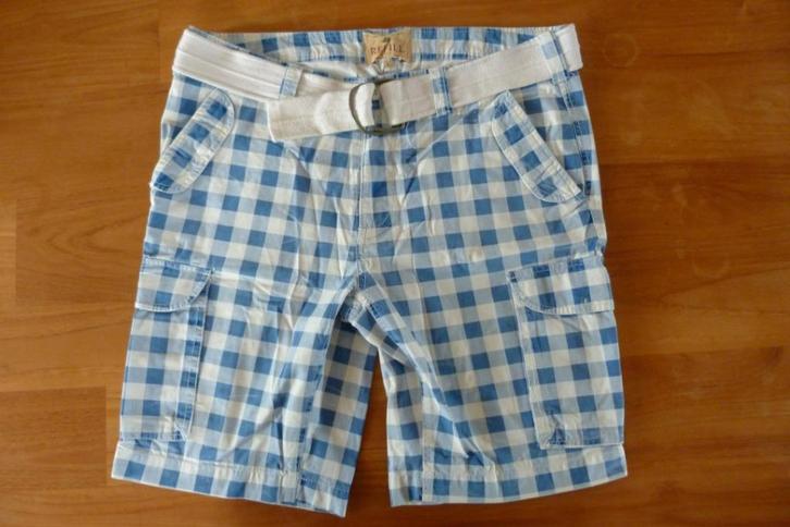 Korte broek, Refill, blauw/wit geblokt, incl. riem, maat L, Kleding | Heren, Broeken en Pantalons, Zo goed als nieuw, Maat 52/54 (L)