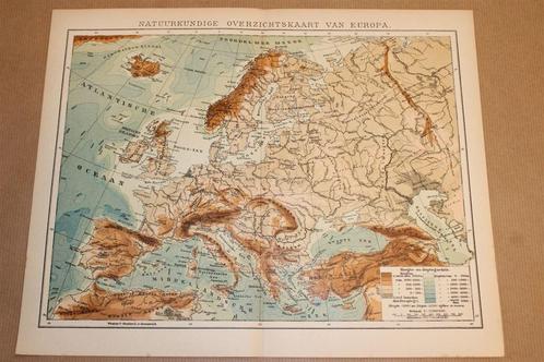 Antieke kaart - Europa Natuurkundig - circa 1900, Boeken, Atlassen en Landkaarten, Zo goed als nieuw, Landkaart, 1800 tot 2000