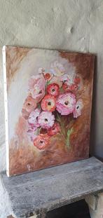 Fraai bloemenschilderij olieverf roze oranje gesigneerd, Antiek en Kunst, Kunst | Schilderijen | Klassiek, Ophalen of Verzenden
