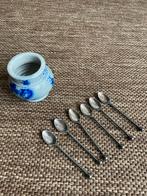 Potje met 6 verzilverde lepeltjes met inscriptie, Ophalen of Verzenden