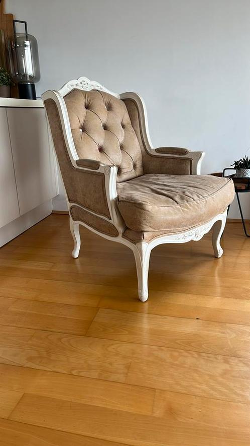 Super leuke, romantische stoel, landelijk, Huis en Inrichting, Fauteuils, Zo goed als nieuw, Hout, Leer, 75 tot 100 cm, Minder dan 75 cm