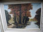 OLIEVERF SCHILDERIJ Bosgezicht met water op linnen 53x43 cm, Ophalen of Verzenden