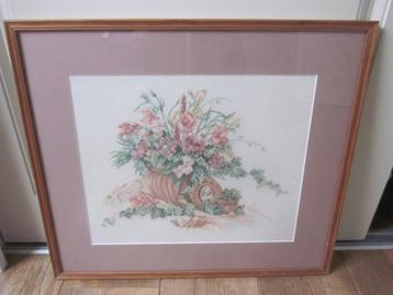Hand geborduurd schilderij terracotta pot met bloemenpracht beschikbaar voor biedingen