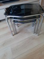 vintage mini set tafeltjes chrome met rookglas nesting table, Ophalen, Gebruikt, 50 tot 100 cm, Glas