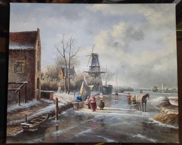 Winters Tafereel met Molen - Olieverfschilderij beschikbaar voor biedingen