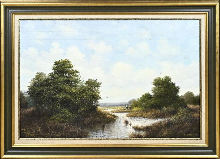 Schilderij van F.L. Corsius - Vissers op plas, landschap., Antiek en Kunst, Kunst | Schilderijen | Klassiek, Ophalen