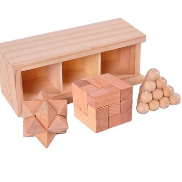 houten puzzel box met kubus piramide, ster, NIEUW 