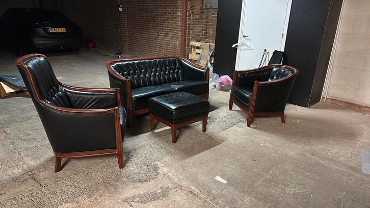 Cognac lederen art deco Schuitema bankstel (klassiek), Huis en Inrichting, Complete inboedels, Ophalen of Verzenden