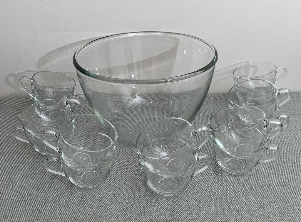 bowlset, bowlschaal, punchschaal, schaal + 14 glazen kopjes, Huis en Inrichting, Keuken | Servies, Glas of Glazen, Ophalen of Verzenden