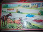 Vintage puzzel jaren 1950: paarden, auto's, tankstation USA?, Ophalen of Verzenden, Minder dan 500 stukjes, Zo goed als nieuw