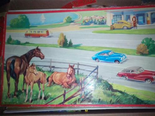 Vintage puzzel jaren 1950: paarden, auto's, tankstation USA?, Hobby en Vrije tijd, Denksport en Puzzels, Zo goed als nieuw, Legpuzzel
