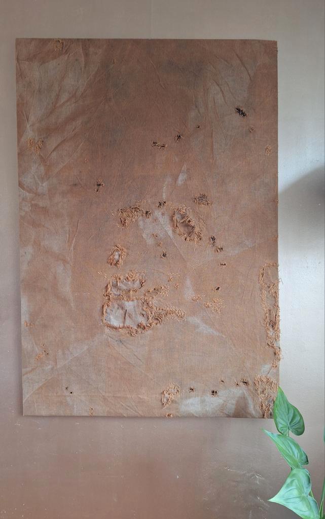 Groot doek van geweven stof in aardetinten, boro, Antiek en Kunst, Kunst | Overige Kunst, Ophalen