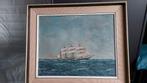 Olieverfschilderij zeilschip op zee in crème/ gouden lijst, Antiek en Kunst, Kunst | Schilderijen | Klassiek, Ophalen