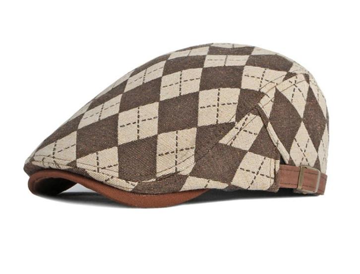 Bruine witte geruite platte denim pet (flat cap baret), Kleding | Heren, Hoeden en Petten, Nieuw, Pet, Verzenden