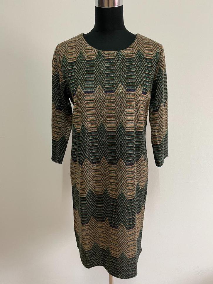 J125 - Bruin-petrolblauwe Freebird jurk maat L (1), Kleding | Dames, Jurken, Zo goed als nieuw, Maat 38/40 (M), Bruin, Boven de knie