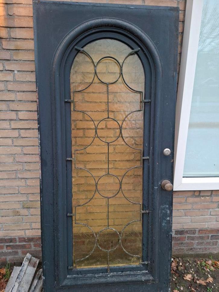 Oude Antieke Voordeur met Glas, Doe-het-zelf en Verbouw, Deuren en Horren, Gebruikt, Buitendeur, 200 tot 215 cm, 80 tot 100 cm