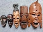 5 houten maskers, Verzamelen, Beelden en Beeldjes, Ophalen of Verzenden