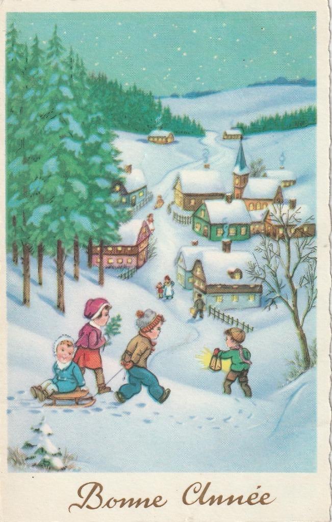 KERST DORP MEISJE SNEEUW JAREN 60 ZEER MOOIE KAART KJ8, Verzamelen, Ansichtkaarten | Themakaarten, Ongelopen, 1960 tot 1980, Feest(dag)
