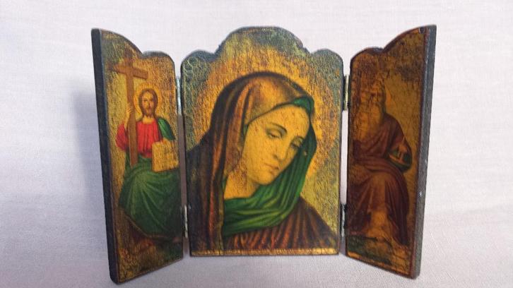 Grieks ICOON "de MOEDER Gods" <> DRIELUIK L18 x H13 cm., Antiek en Kunst, Curiosa en Brocante, Ophalen of Verzenden