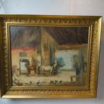 Oud olieverf Stal interieur Geit,paarden,kippen gesigneerd, Ophalen of Verzenden