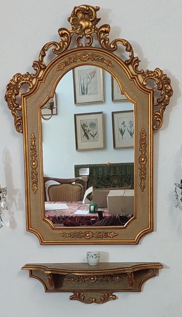 Vintage spiegel met planchet, Antiek en Kunst, Ophalen, Ovaal, 50 tot 100 cm, 100 tot 150 cm