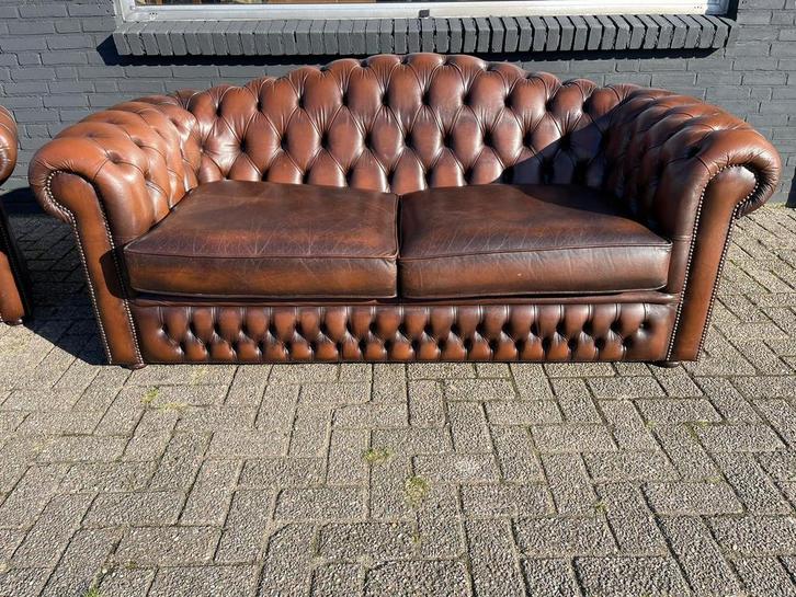 Chesterfield 3 zit bank bruin GRATIS BEZORGD!, Huis en Inrichting, Banken | Bankstellen, Gebruikt, 75 tot 100 cm, Leer, Ophalen of Verzenden