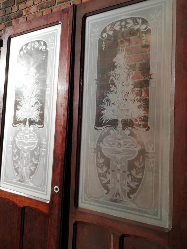 235,5hx161br Dubbele deur met bijzonder mooi geetst glas, Doe-het-zelf en Verbouw, Deuren en Horren, Zo goed als nieuw, Binnendeur